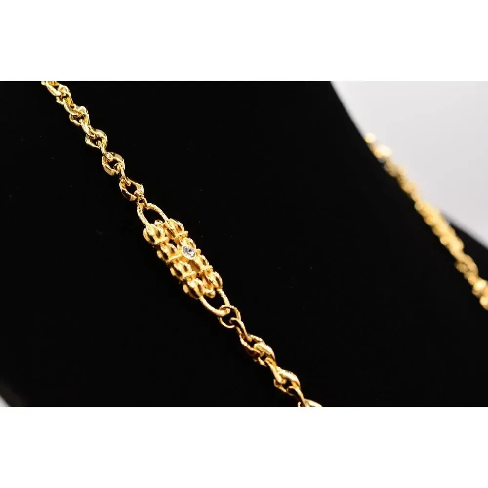 Vintage Station Chain Necklace Brushed Gold Rhinestone Crystal Linked 1980s 9J